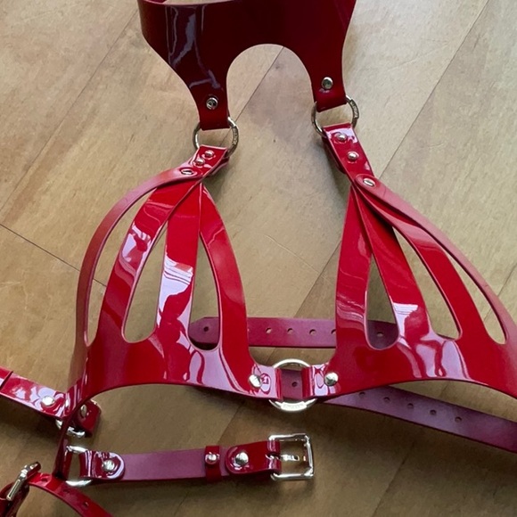 MarieMur Red leather bondage bra and panties - Picture 2 of 14